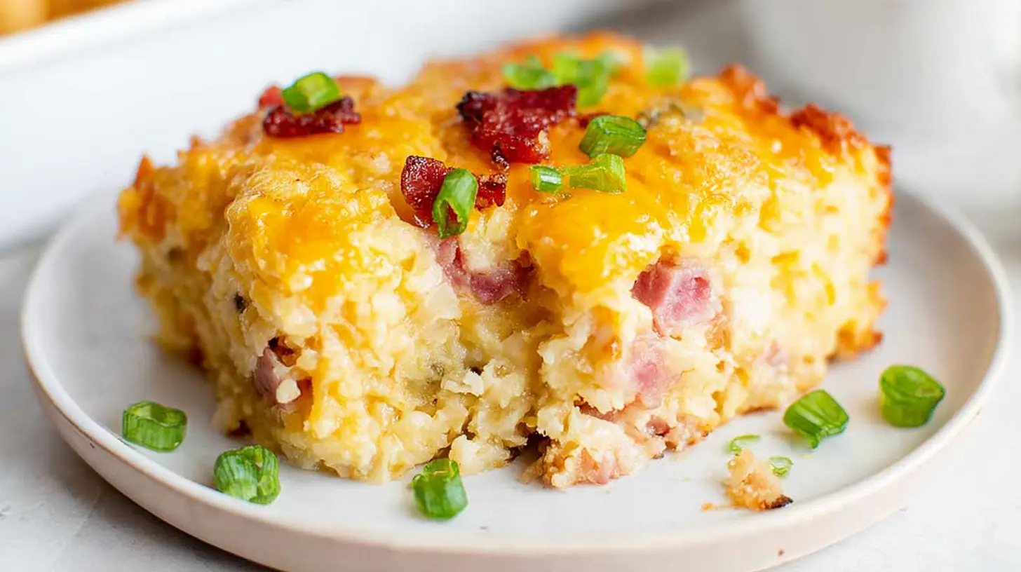 A close-up of a hearty breakfast casserole with tater tots, topped with melted cheese, ham, and green onions, served on a white plate.