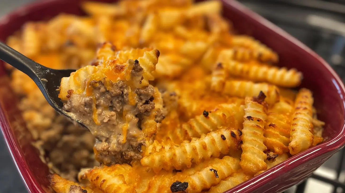 Cheesy Cheeseburger French Fry Casserole: Your New Family Favorite cheeseburger french fry casserole Close-up of a bubbling cheeseburger french fry casserole, featuring crispy crinkle-cut fries, gooey melted cheddar, and savory ground beef being scooped from a red dish.