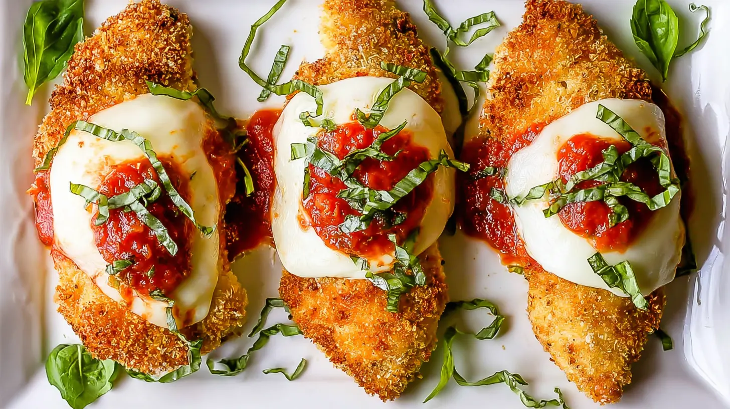 Easy Baked Chicken Breast Parmesan Recipe (Healthy & Crispy!) chicken breast parmesan recipe baked Three golden-brown chicken breast parmesan baked to perfection, topped with melted mozzarella, rich tomato sauce, and fresh basil, ready to be served from a delicious chicken breast parmesan recipe baked.