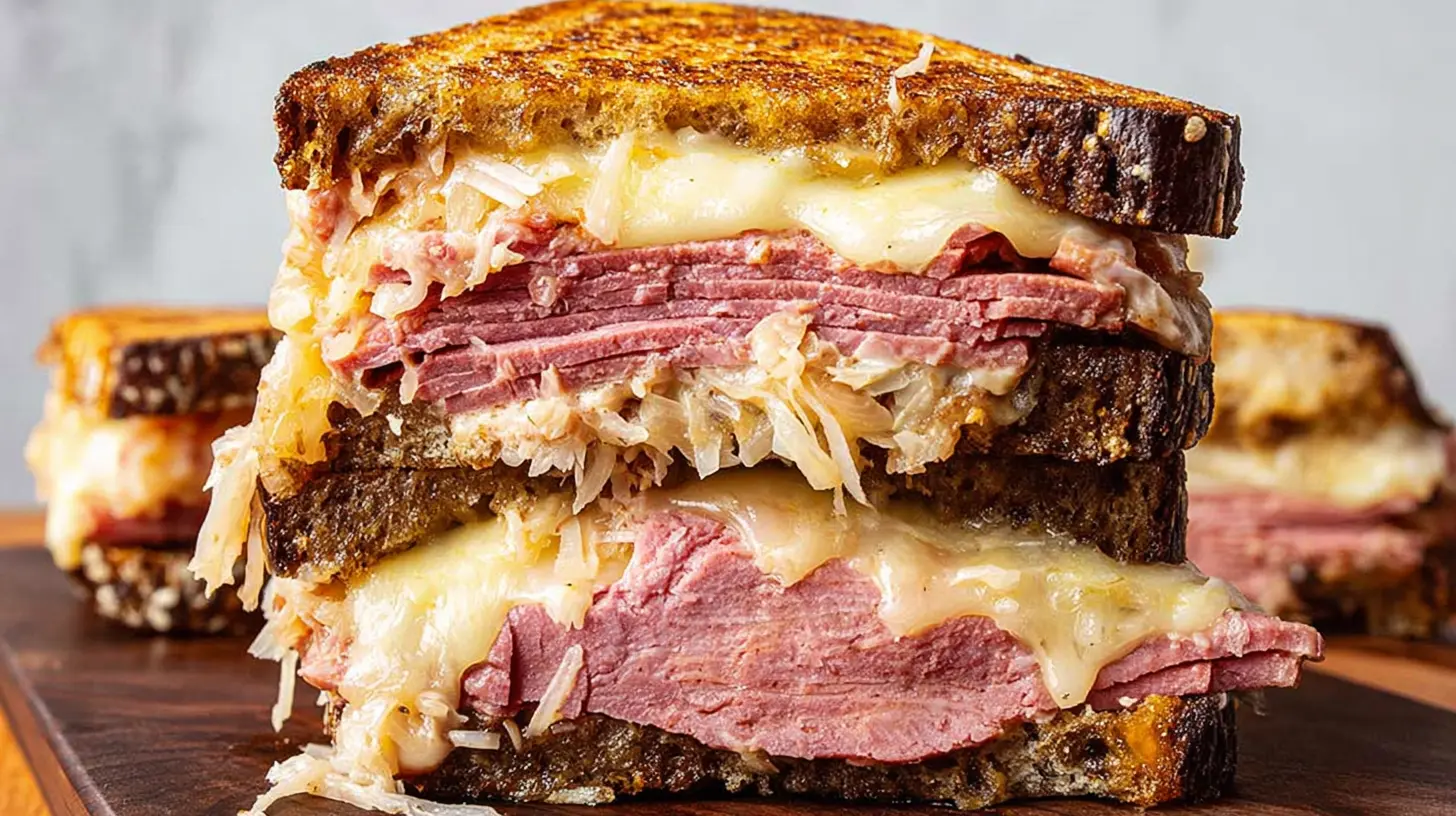 A towering double-decker corned beef sandwich on toasted rye bread with melted cheese and sauerkraut, perfect for delicious corned beef sandwich ideas.