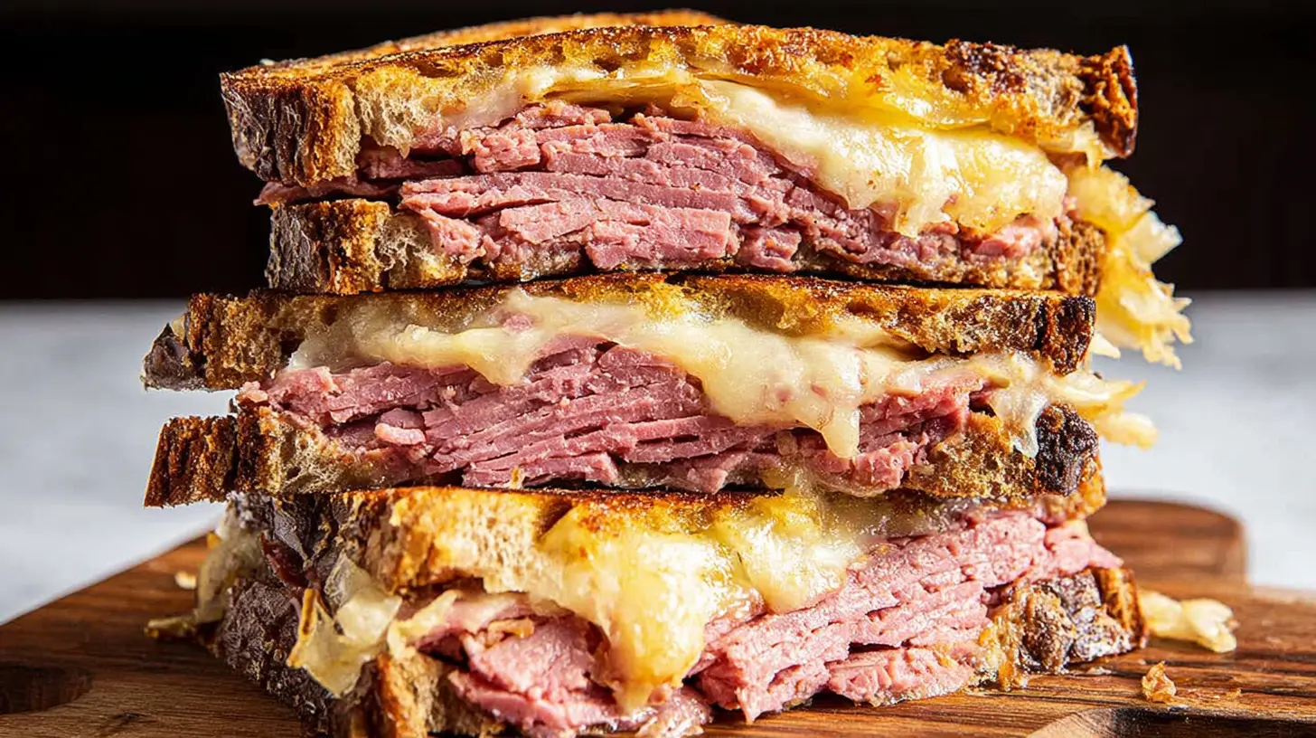 Stacked grilled corned beef sandwich halves with melted cheese and sauerkraut on rye bread, offering delicious corned beef sandwich ideas.