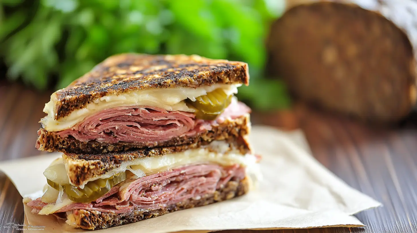 Grilled corned beef sandwich no sauerkraut, generously filled with melted cheese and pickles on dark rye bread.