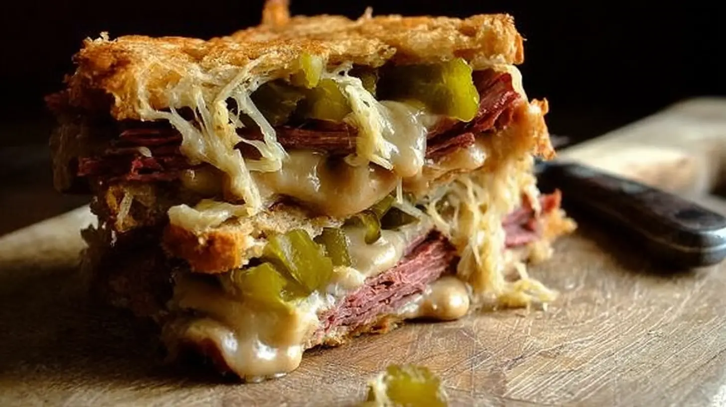 A close-up, mouth-watering corned beef sandwich on sourdough, generously filled with melted cheese and pickles, presented on a rustic wooden board.
