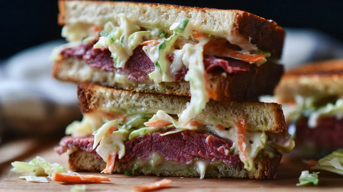 Generously stacked corned beef sandwich on sourdough with creamy coleslaw, served on a rustic wooden board.