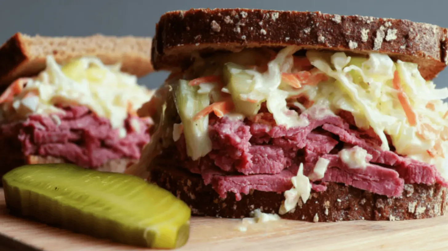 Close-up of a delicious deli-style corned beef sandwich with coleslaw and a pickle, highlighting the appeal of corned beef sandwich recipes slow cooker.