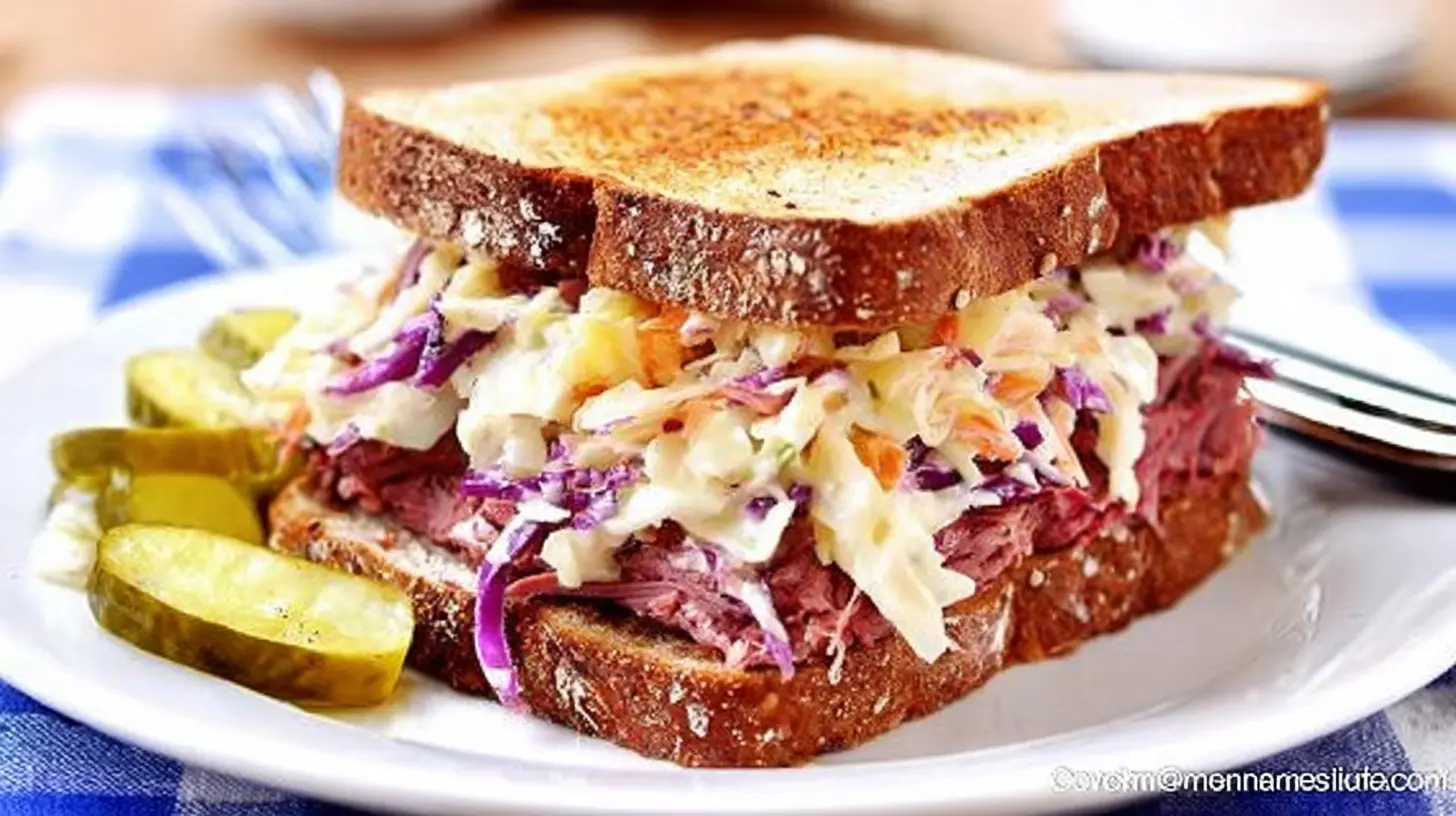 Close-up of a delicious corned beef sandwich with coleslaw and pickles on a blue and white checkered tablecloth.