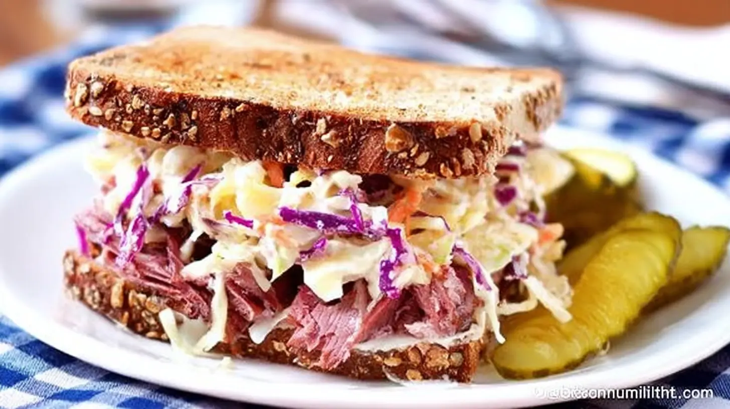 A generously filled corned beef sandwich with creamy coleslaw on toasted multigrain bread, served with crinkle-cut pickles on a checkered tablecloth.