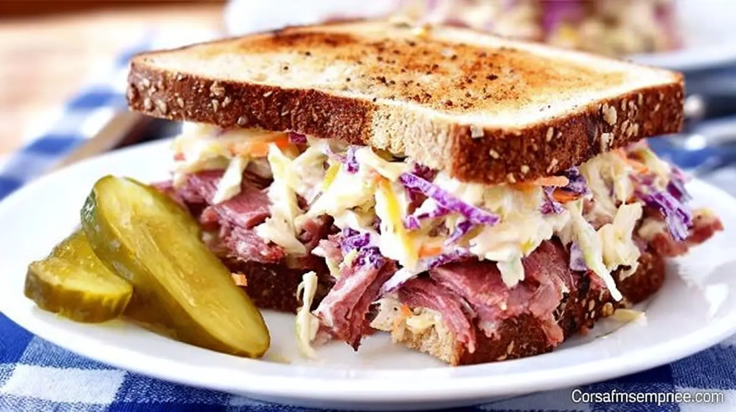 A close-up of a hearty corned beef sandwich with coleslaw on toasted rustic bread, served with pickle spears on a white plate.