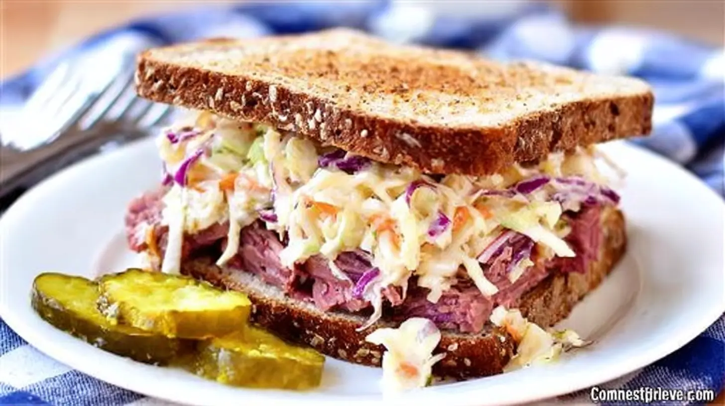 Delicious deli-style corned beef sandwich with coleslaw, pickles, and rye bread on a white plate.