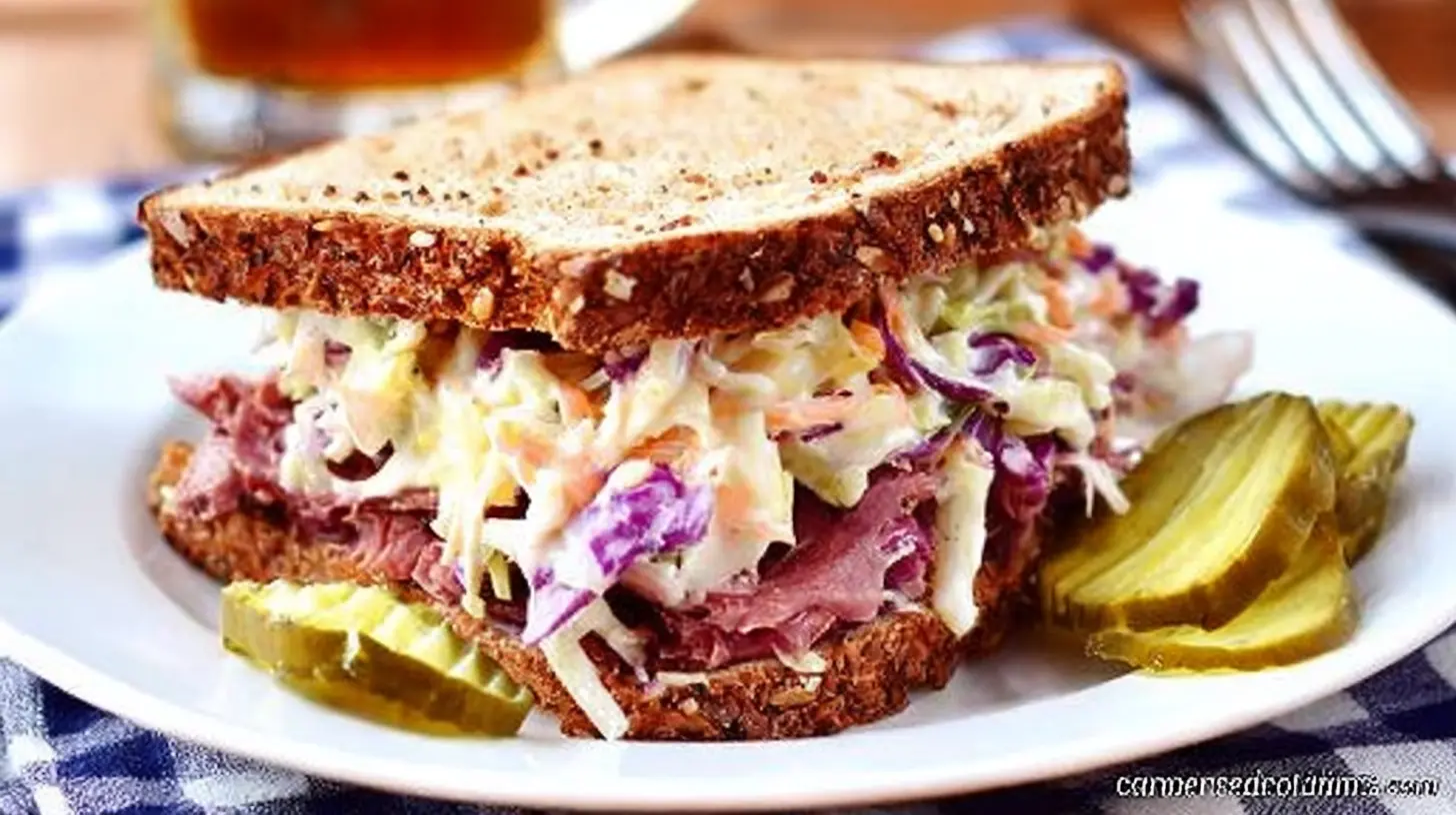 Hearty corned beef sandwich with coleslaw, dill pickles, and whole wheat bread on a white plate.
