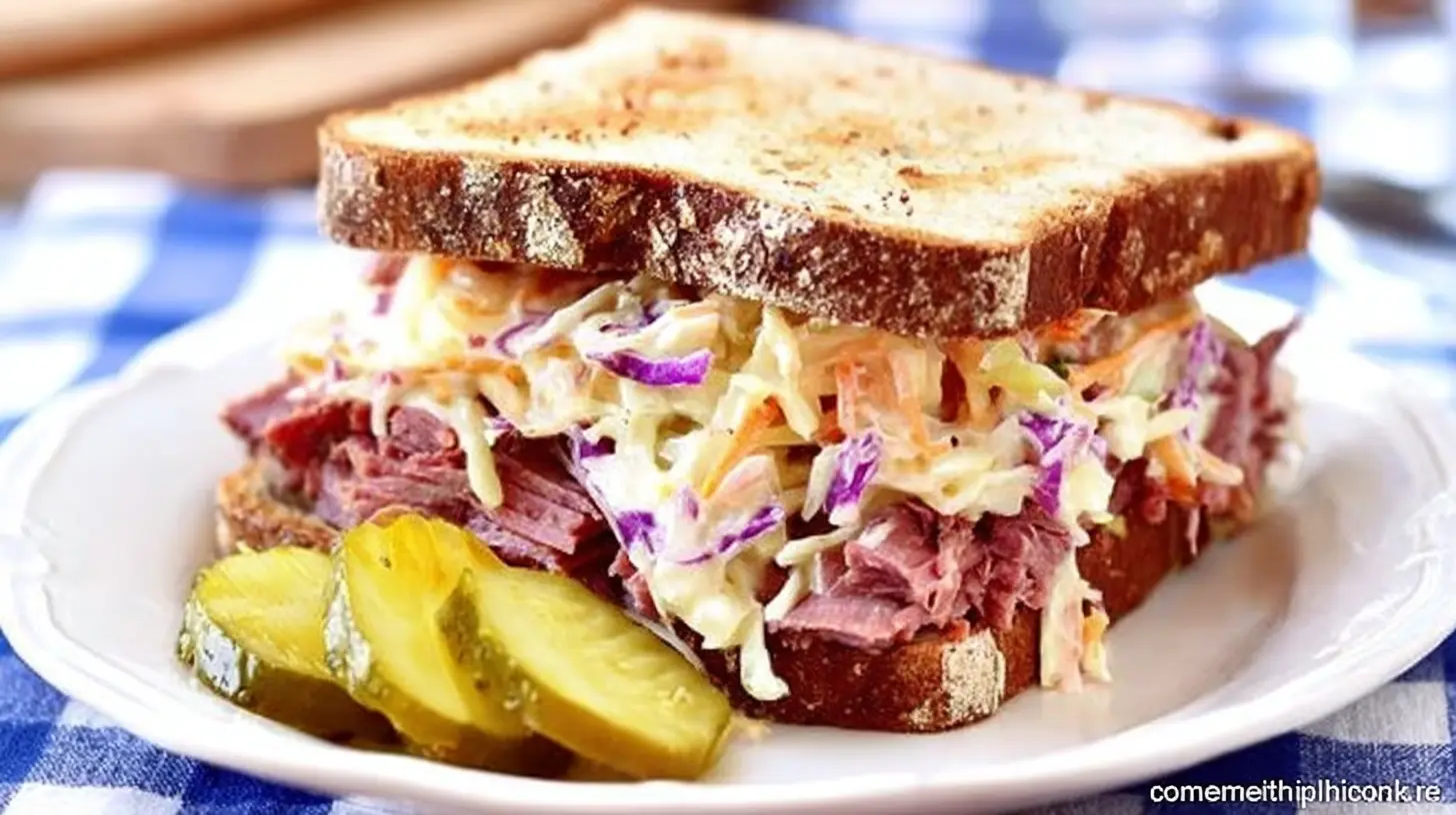 A generously filled deli-style corned beef sandwich with creamy coleslaw and pickles on a checkered tablecloth.