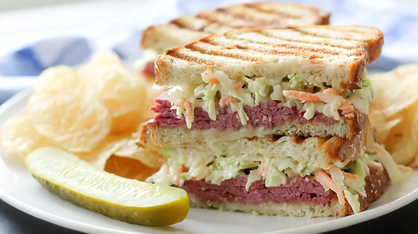 Close-up of a delicious grilled corned beef sandwich with coleslaw and cheese, perfect for corned beef sandwiches for a crowd, served with chips and a pickle.