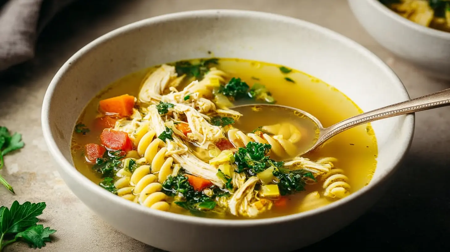 Close-up of a warm, inviting chicken noodle soup, featuring tender chicken and fresh vegetables, inspiring rotisserie chicken recipes low carb meal ideas.