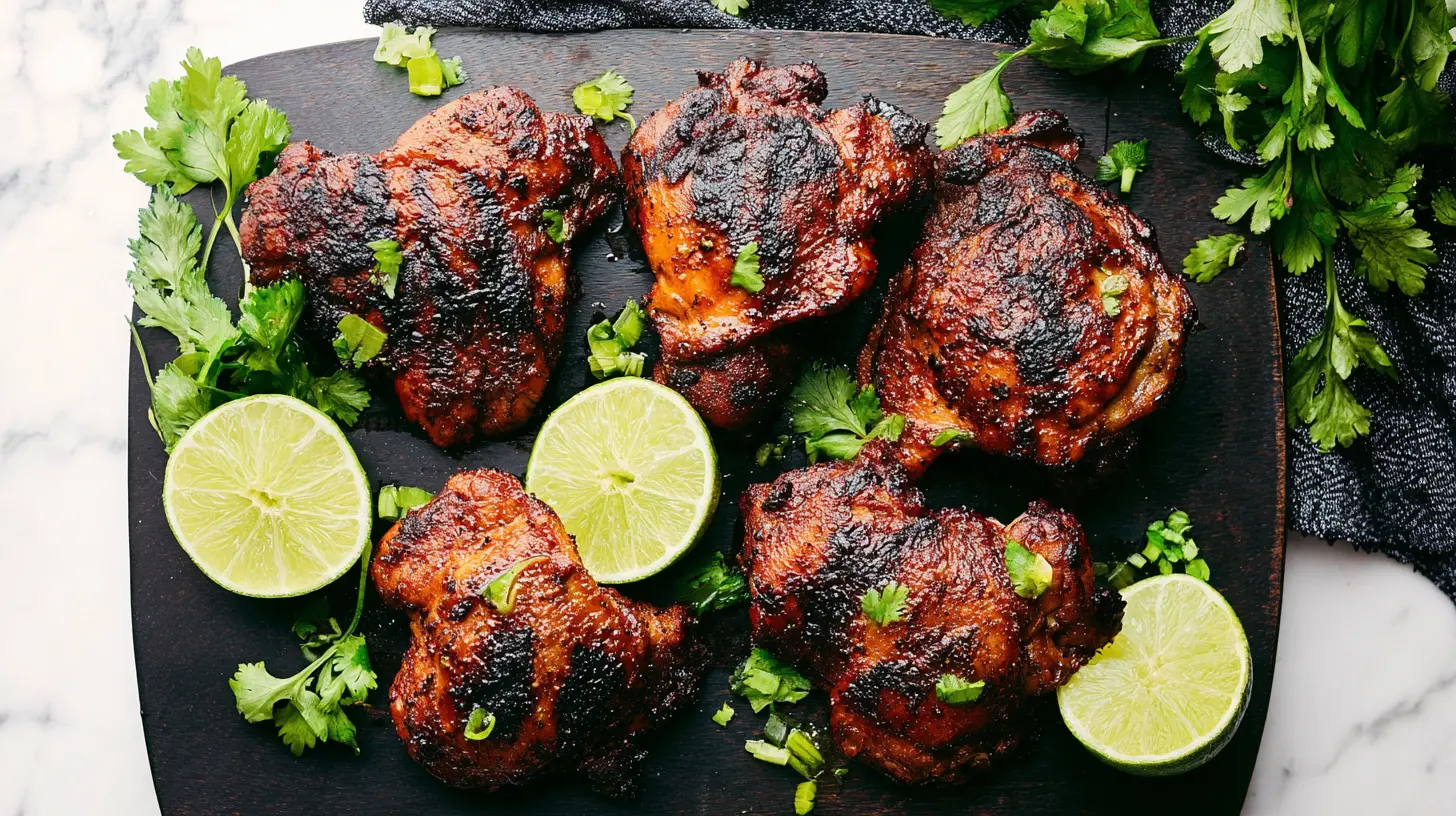 The Best Baked Boneless Chicken Thighs baked boneless chicken thighs Overhead view of beautifully cooked Boneless Chicken Thighs Baked to a golden brown, garnished with fresh cilantro and lime.