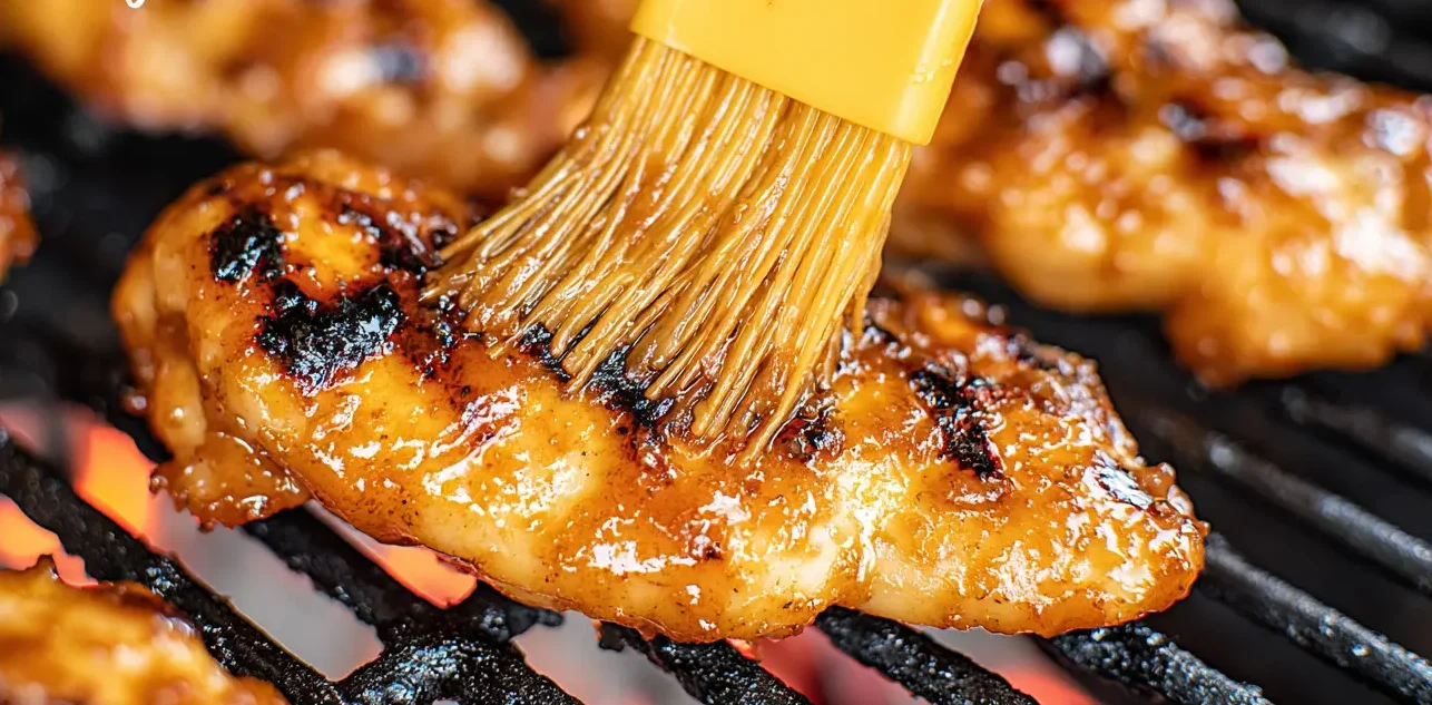 Close-up of Brown Sugar Pineapple Chicken being basted with a glossy amber glaze on hot grill grates.