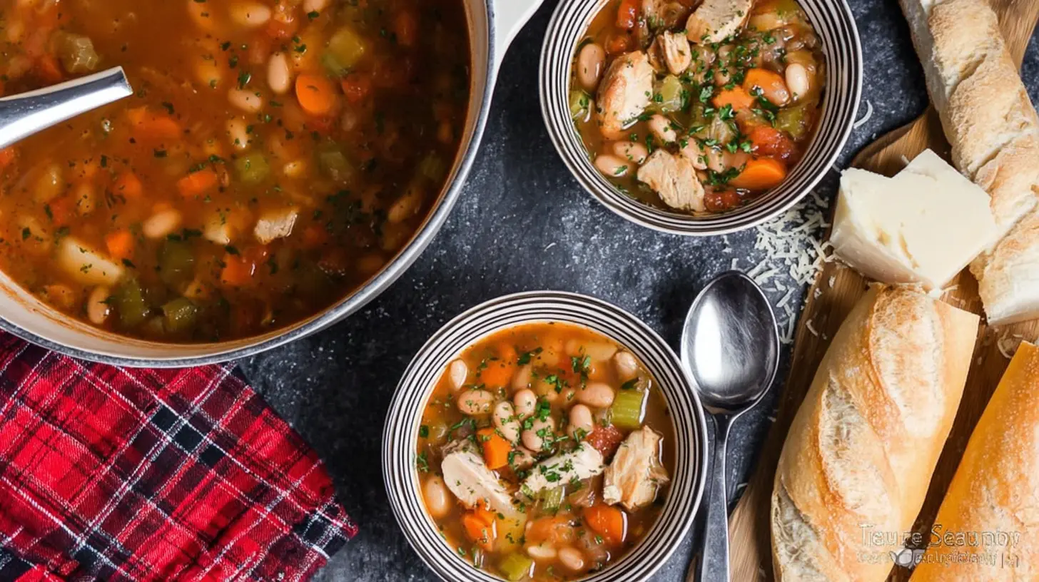 Overhead view of a hearty chicken bean soup in a pot and two bowls, served with crusty bread and cheese on a rustic table.