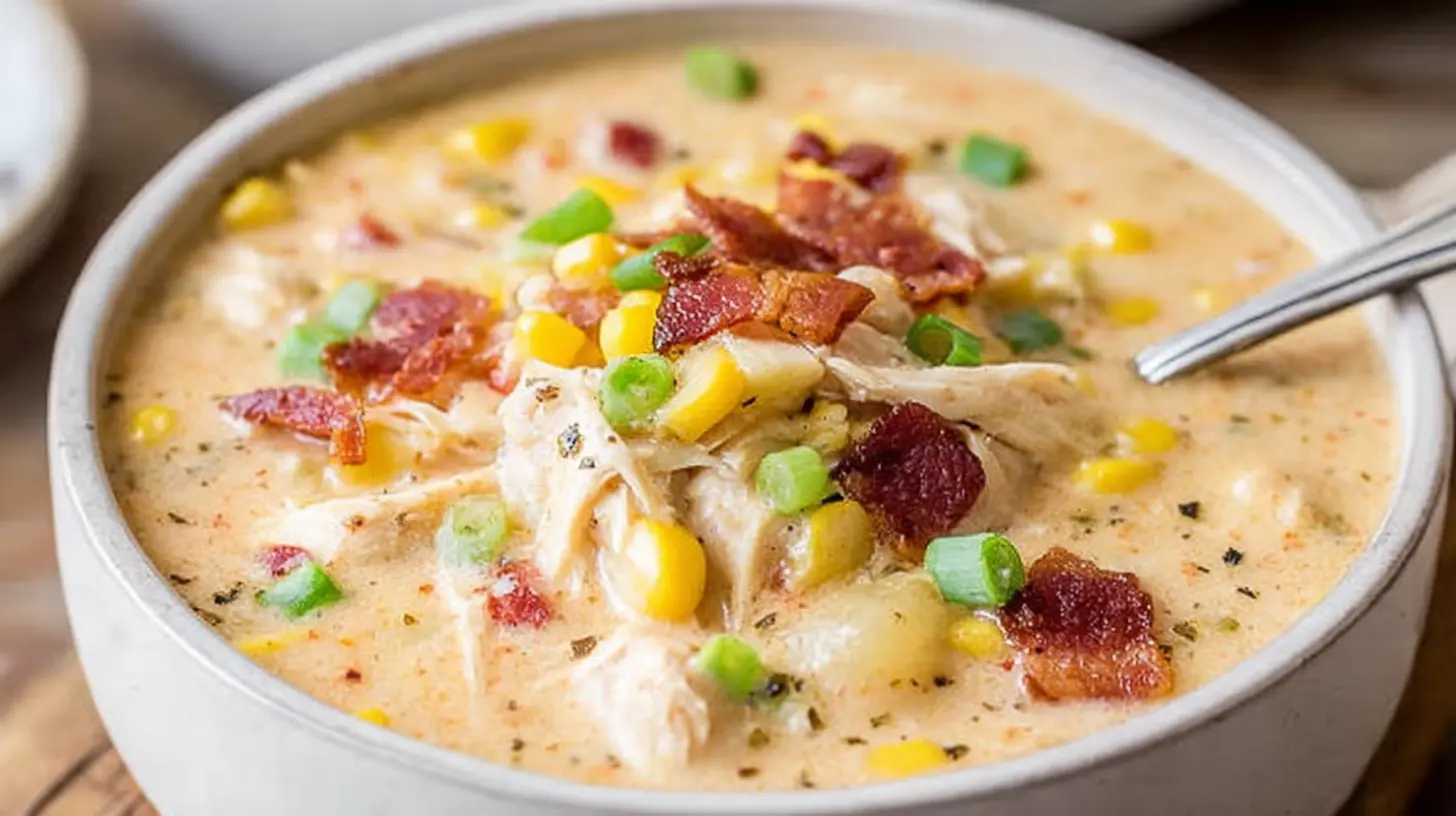 Hearty and creamy chicken corn chowder soup garnished with crispy bacon and fresh green onions.