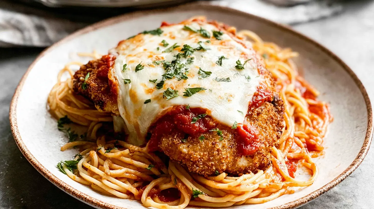 Close-up of a classic chicken parm dish with melted mozzarella, rich tomato sauce, and spaghetti.