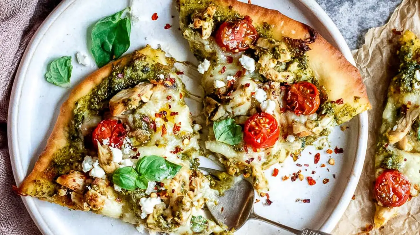 Close-up of two appetizing slices of chicken pesto flatbread on a rustic white plate, garnished with basil and tomatoes.