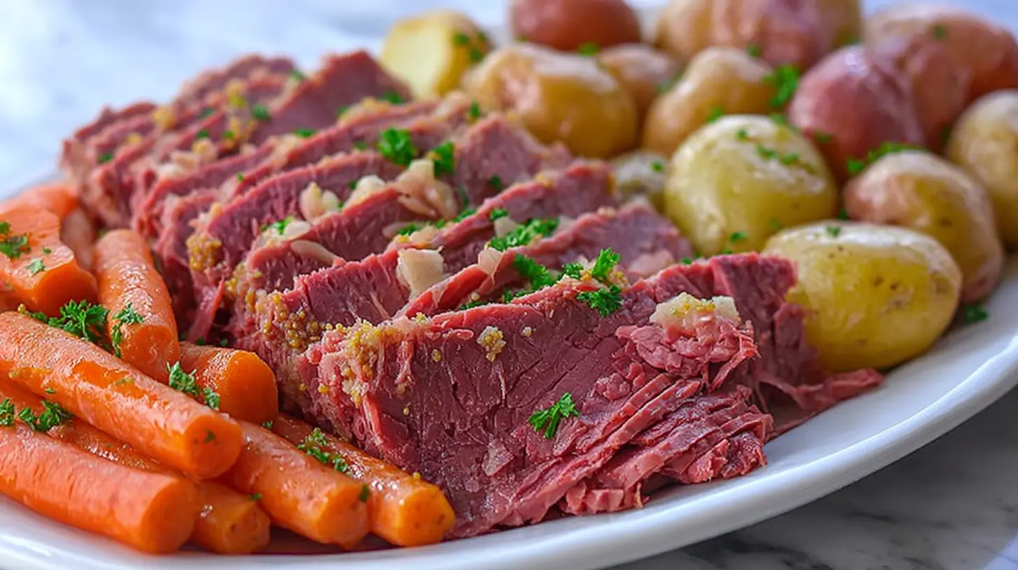 Tender sliced corned beef, carrots, and potatoes, perfect from a slow cooker.