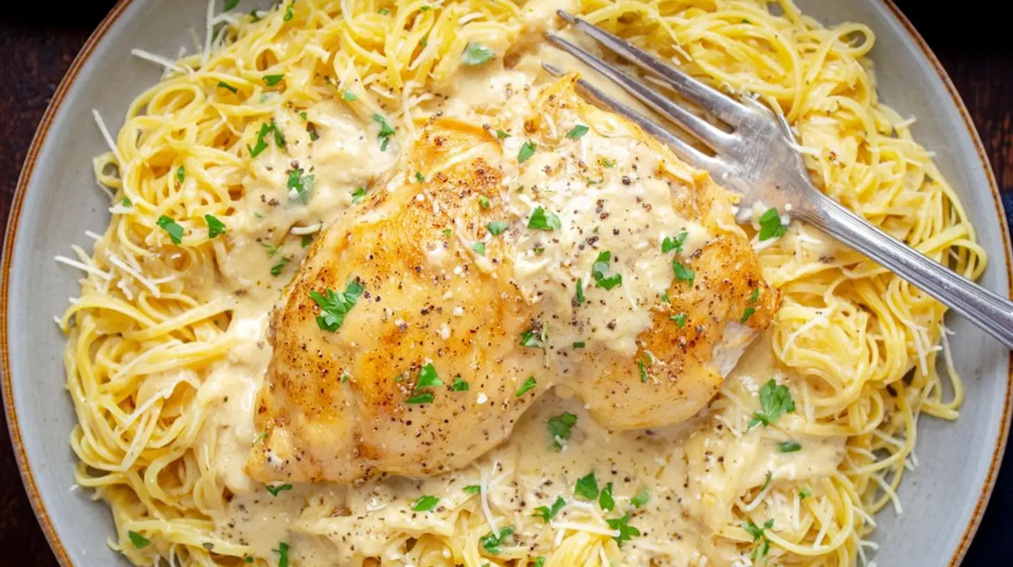 The Ultimate Crock Pot Angel Chicken – Slow Cooker Comfort Food crock pot angel chicken Overhead view of a delicious crock pot angel chicken dish, featuring seared chicken breast, creamy sauce, thin pasta, fresh parsley, and grated cheese on a rustic plate.
