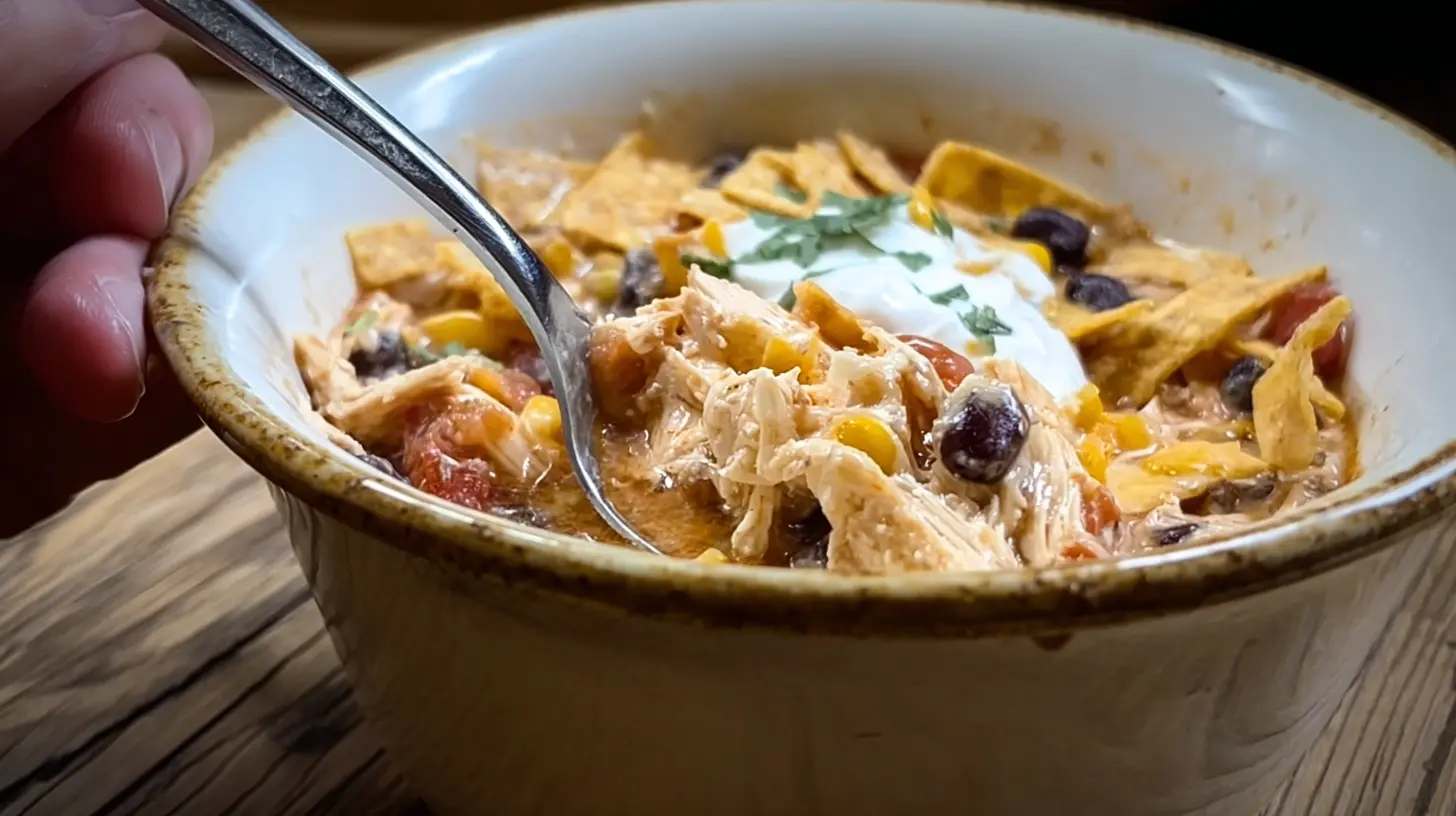 Close-up of a hand scooping a spoonful of vibrant crockpot chicken taco soup, garnished with tortilla strips, sour cream, and cilantro, served in a rustic bowl on a wooden table.
