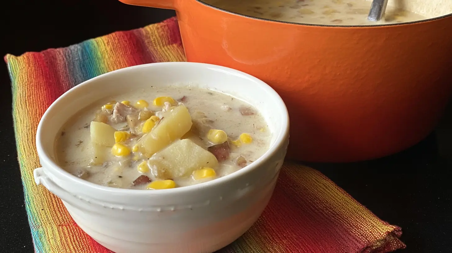A warm, creamy chowder in a white bowl with potatoes and corn, representing the comfort of an easy tuna SOUP, set on a colorful napkin with a cooking pot.