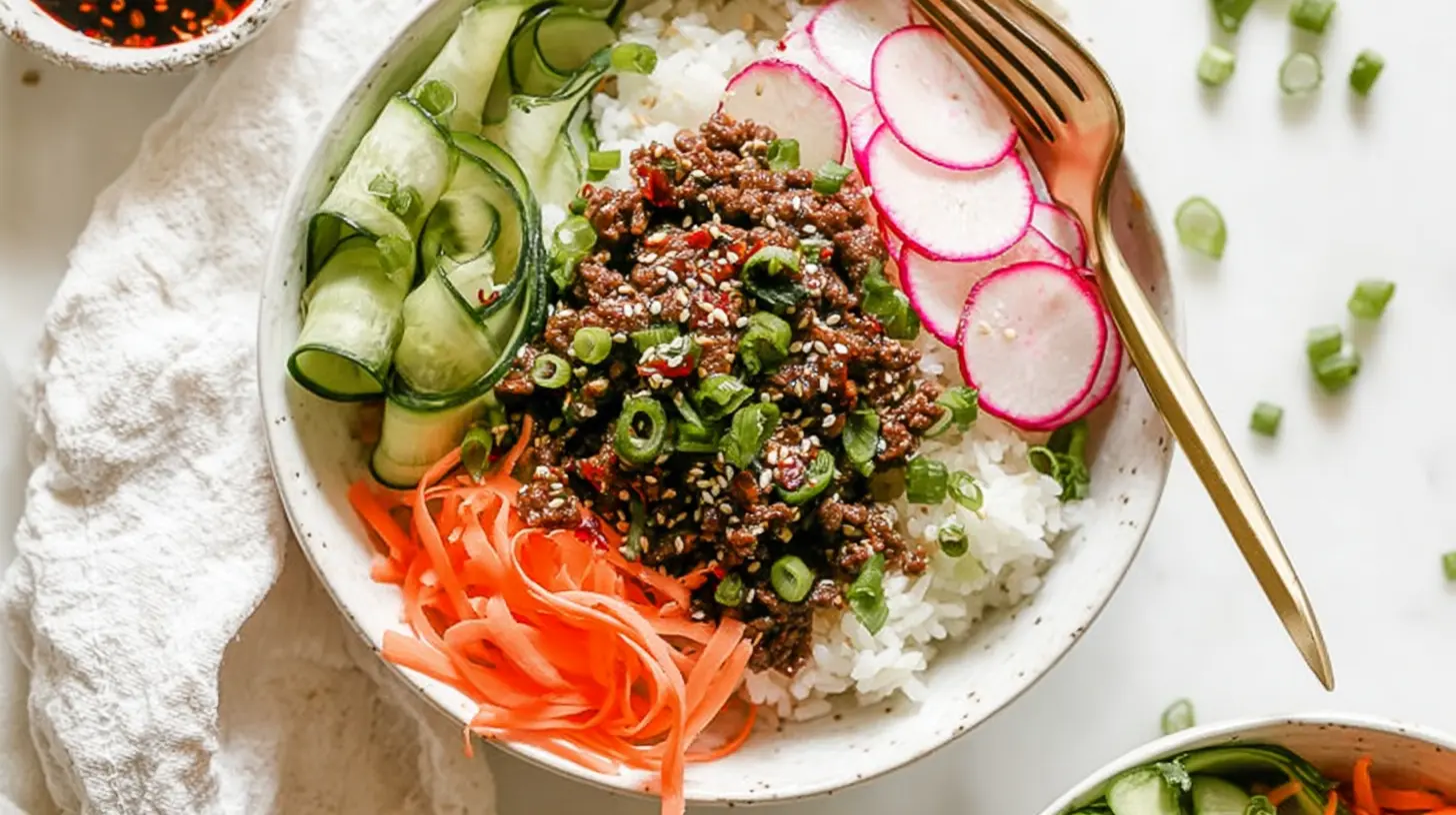 A vibrant Korean-inspired rice bowl featuring seasoned ground beef, fresh vegetables, and rice, showcasing delicious ground beef recipes healthy for lunch or dinner.