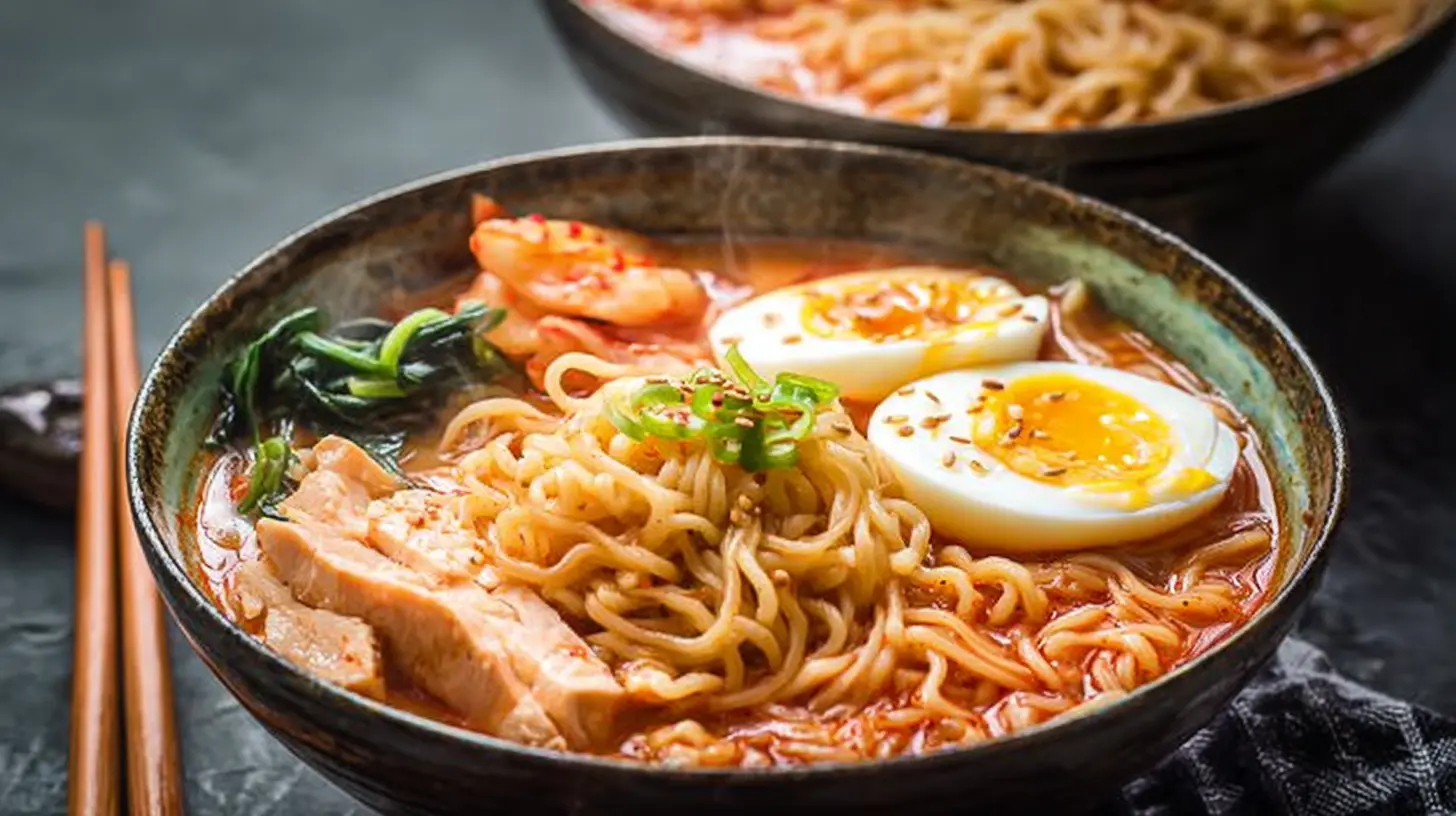 Close-up of two steaming bowls of spicy Korean ramen with soft-boiled eggs, chicken, and fresh greens.