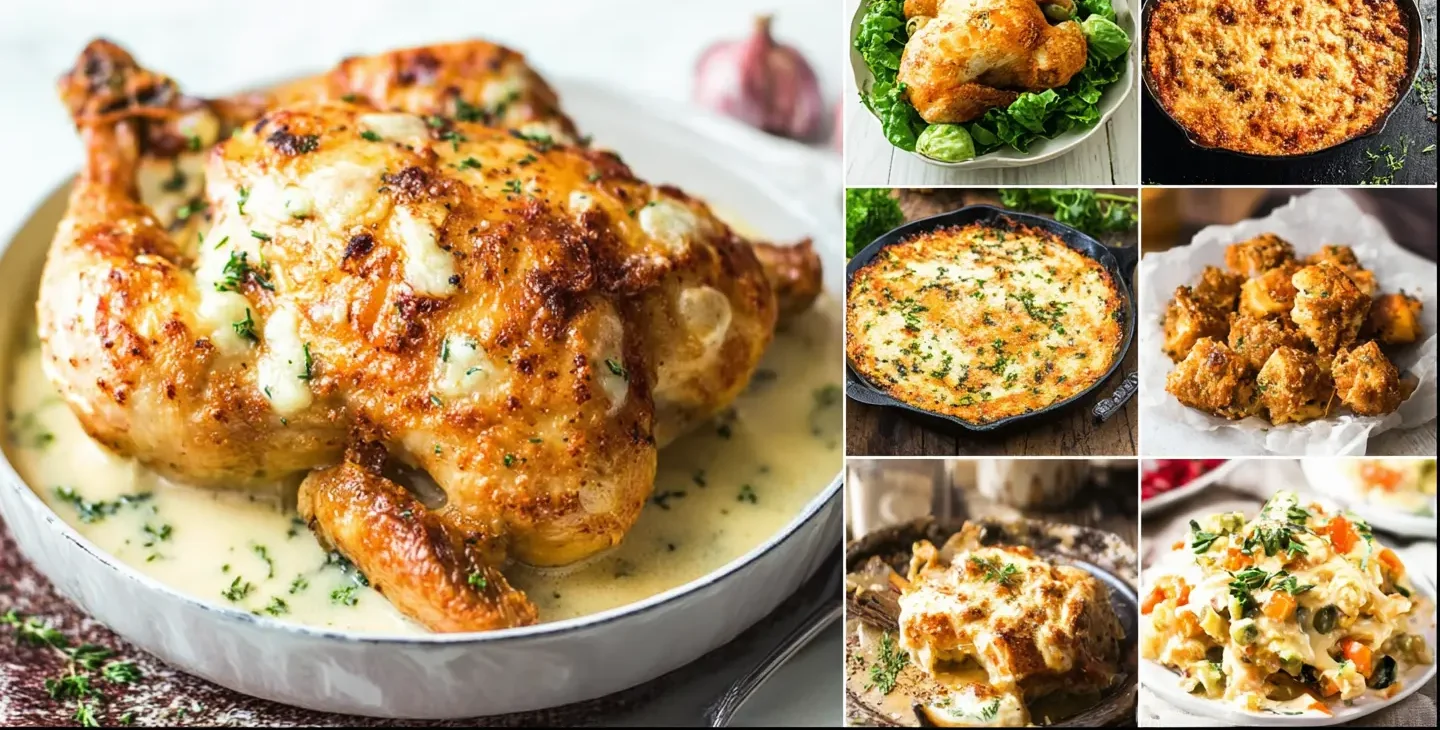 Collage featuring cheesy rotisserie chicken and other delicious rotisserie chicken recipes keto dishes, ideal for low-carb meals.