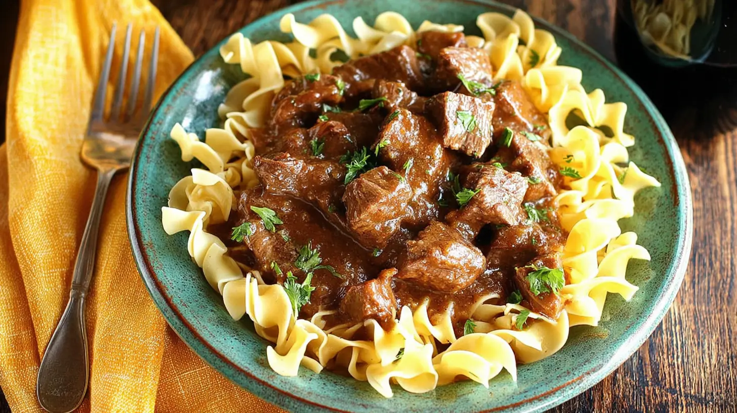Hearty Slow Cooker Beef and Noodles Recipe Slow Cooker Beef and Noodles A close-up of a hearty plate of Slow Cooker Beef and Noodles, garnished with fresh parsley on a rustic teal plate.