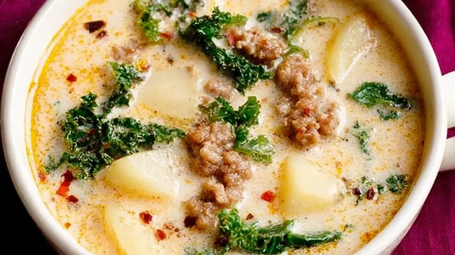 A close-up, top-down view of a hearty slow cooker zuppa toscana, featuring creamy broth, crumbled sausage, vibrant kale, and tender potatoes in a white ceramic bowl.