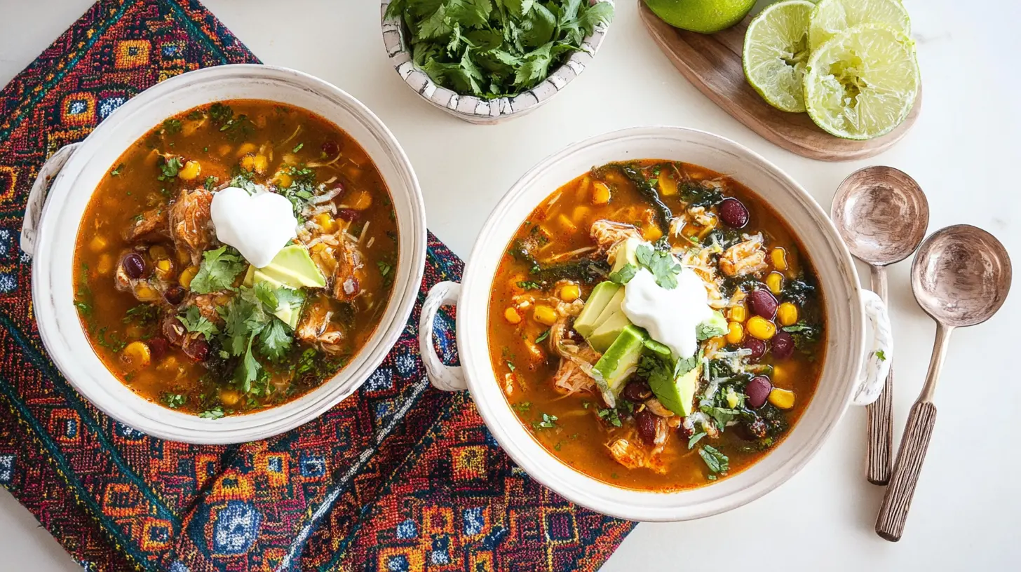 Vibrant overhead shot of two bowls of hearty southwest chicken soup with avocado, sour cream, and cilantro on a white surface.