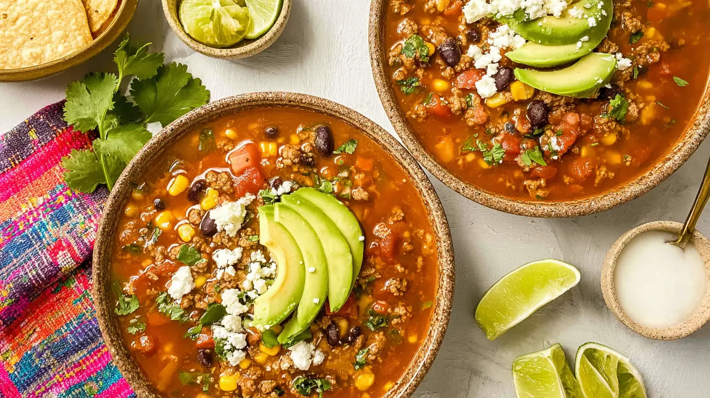 Two vibrant bowls of stove top taco soup, garnished with avocado, cheese, and cilantro, surrounded by tortilla chips, lime, and sour cream.