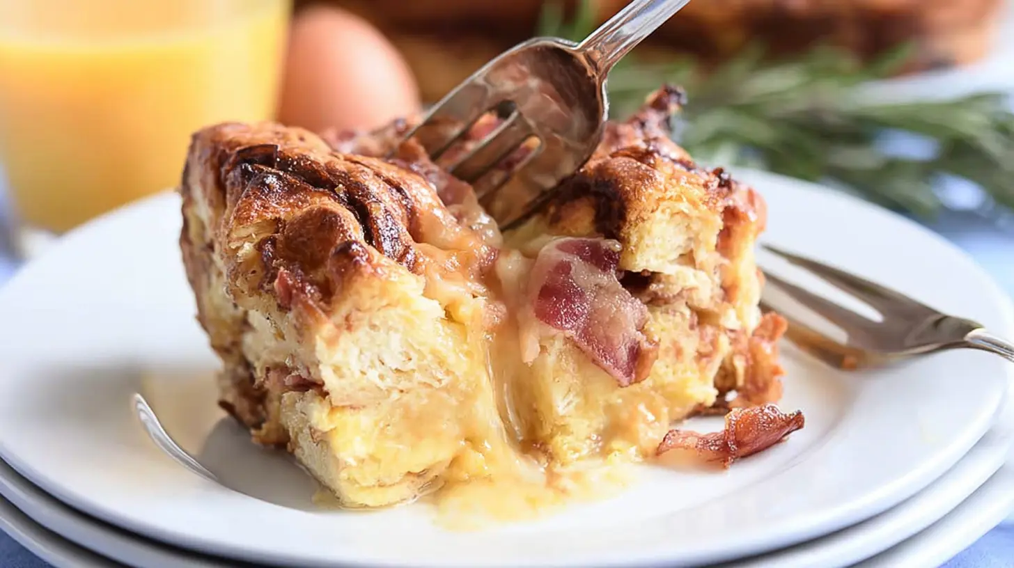 A close-up of a golden-brown slice of Buttery Overnight Croissant Breakfast Casserole, revealing its soft, custardy interior with bacon and melted sauce, being served on white plates.