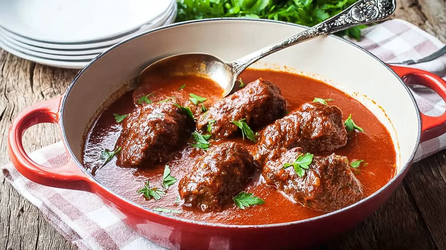 A close-up of a vibrant, hearty Classic Beef Braciole Italian Comfort Dish simmering in a cherry-red cast iron pot, garnished with fresh parsley.