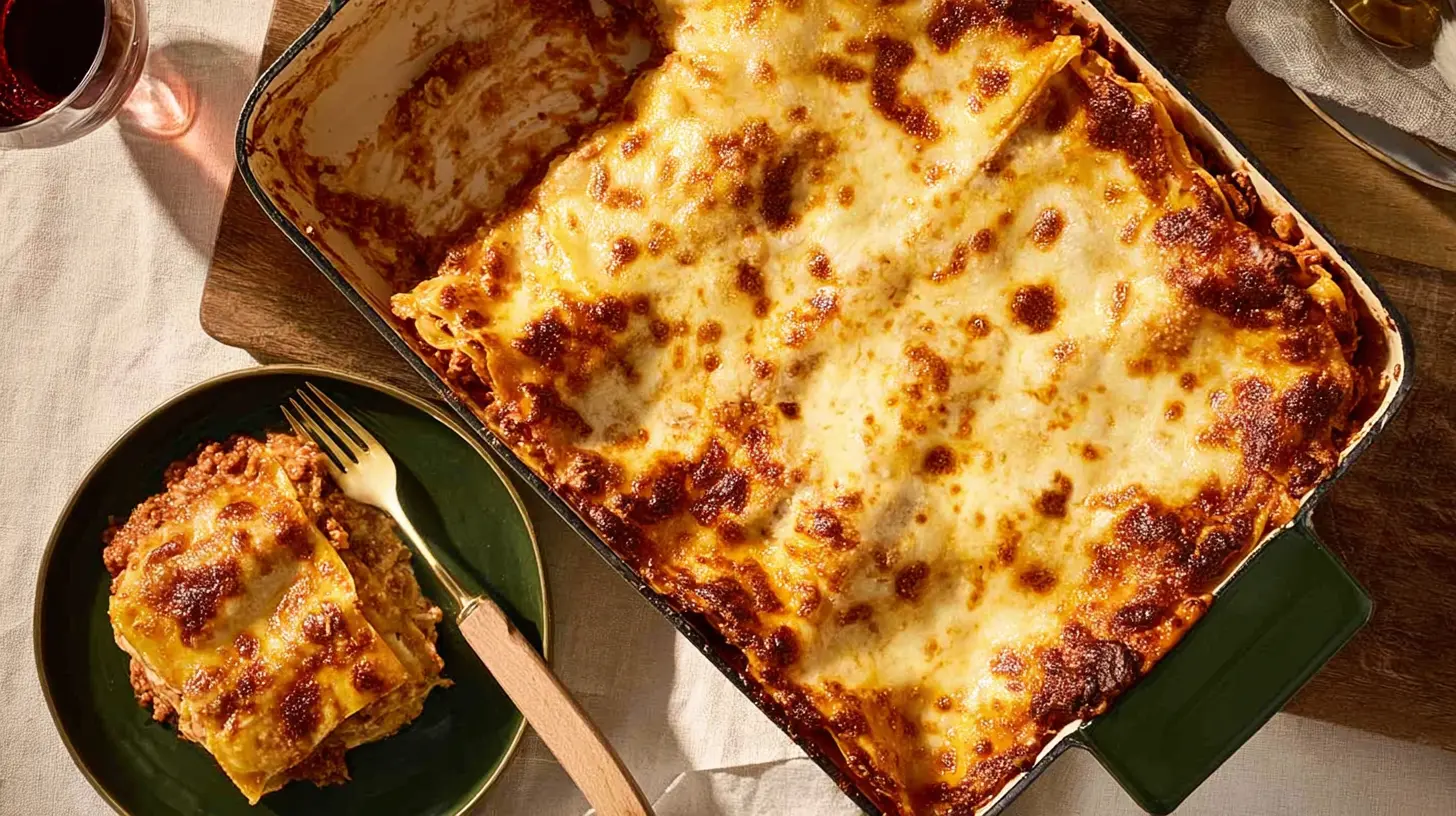Freshly baked Comforting Million Dollar Lasagna with golden-brown cheese and rich, saucy layers, served on a rustic table.