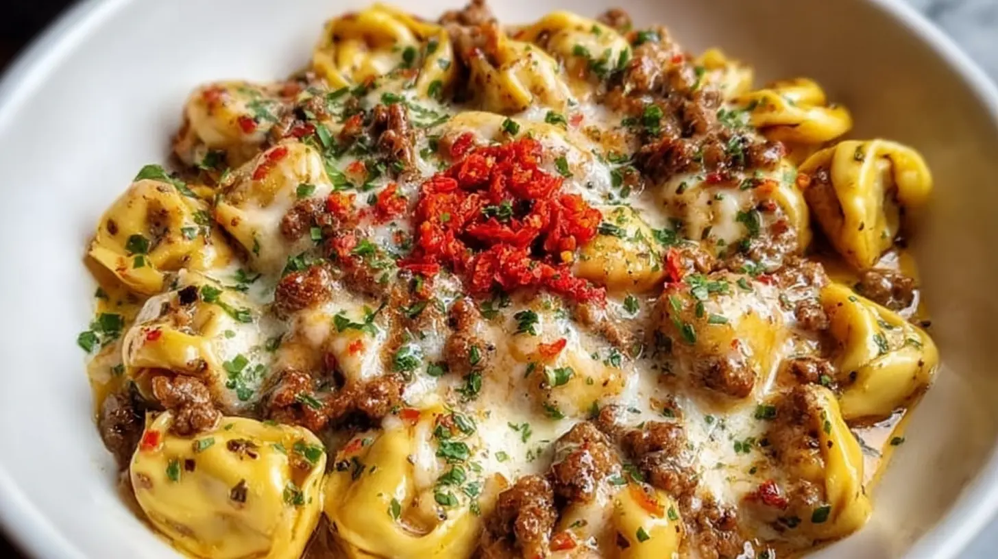 Close-up of creamy Cowboy Butter Garlic Chicken Tortellini with sun-dried tomatoes and fresh herbs in a white bowl.