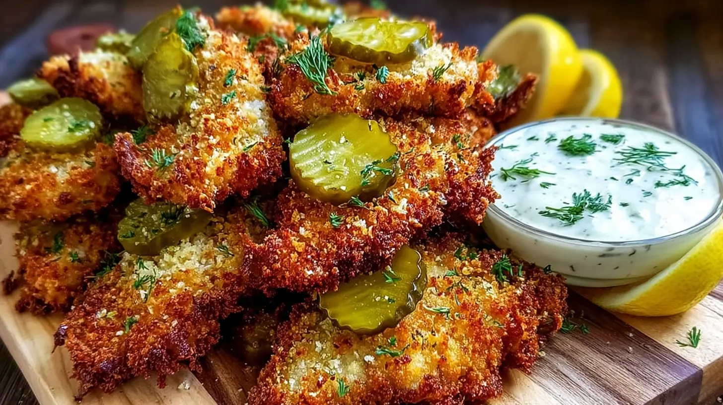 Close-up of golden-brown Crispy Dill Pickle Parmesan Chicken tenders garnished with dill pickles and fresh dill on a rustic wooden board.