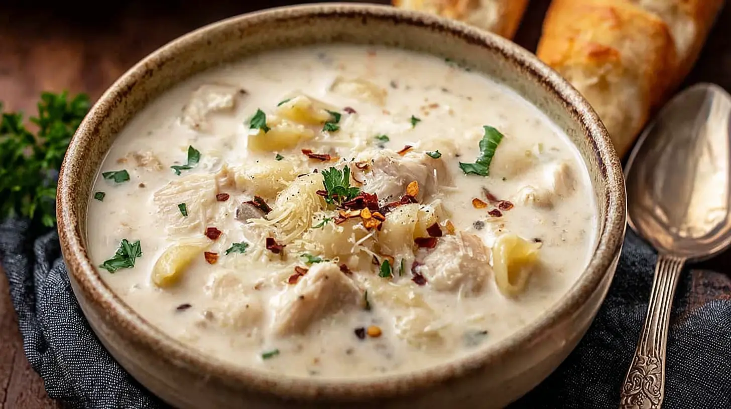 A close-up overhead shot of a rustic ceramic bowl filled with creamy Easy Garlic Parmesan Chicken Soup, featuring chicken chunks, gnocchi, Parmesan cheese, fresh green herbs, and red pepper flakes, with crusty bread and a silver spoon on a dark fabric.