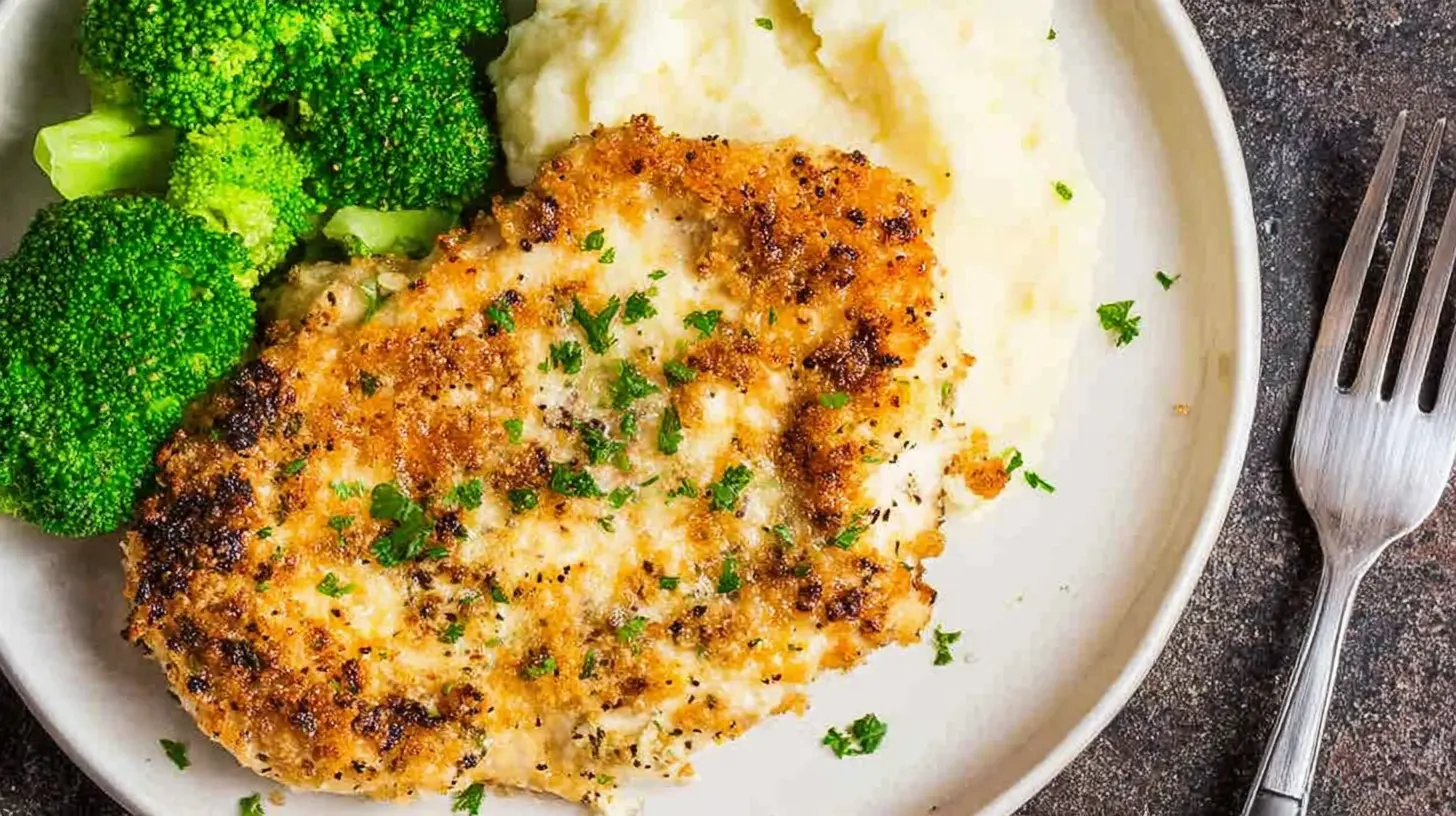 Copycat Longhorn Steakhouse Parmesan Chicken Recipe Longhorn Steakhouse Parmesan Chicken Overhead view of a perfectly cooked Longhorn Steakhouse Parmesan Chicken, golden-brown and herb-crusted, served with vibrant broccoli and creamy mashed potatoes on a light plate against a dark background.