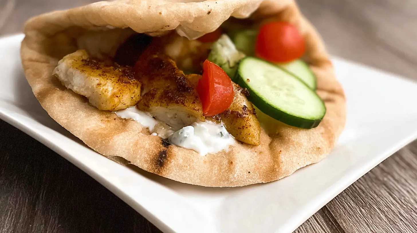 Close-up of a delicious Mediterranean Chicken Gyros Recipe on a white plate, filled with chicken, tzatziki, cucumber, and tomato.