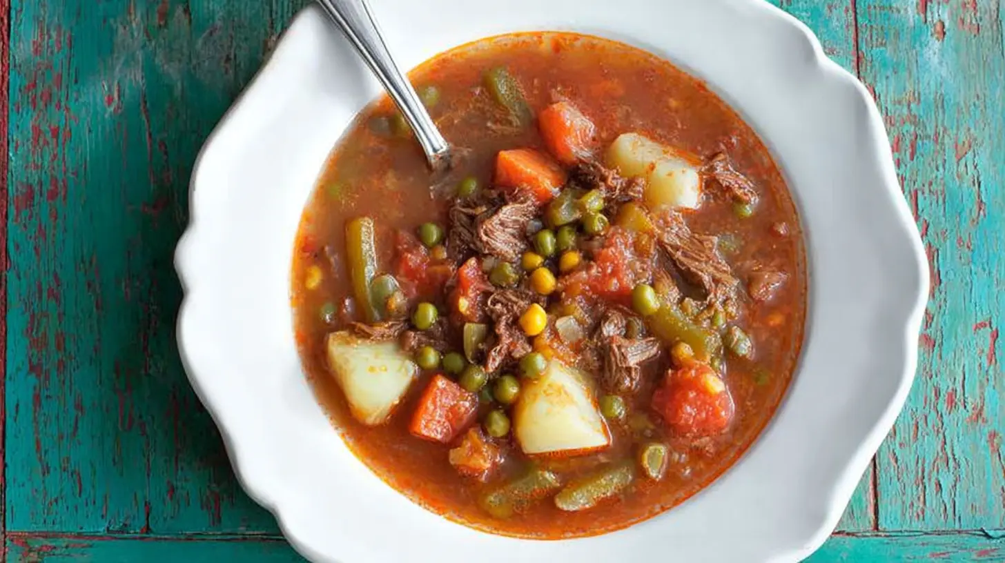 A hearty bowl of My Mom's Old-Fashioned Vegetable Beef Soup, brimming with tender beef, potatoes, carrots, peas, and green beans, served on a rustic teal wooden table.