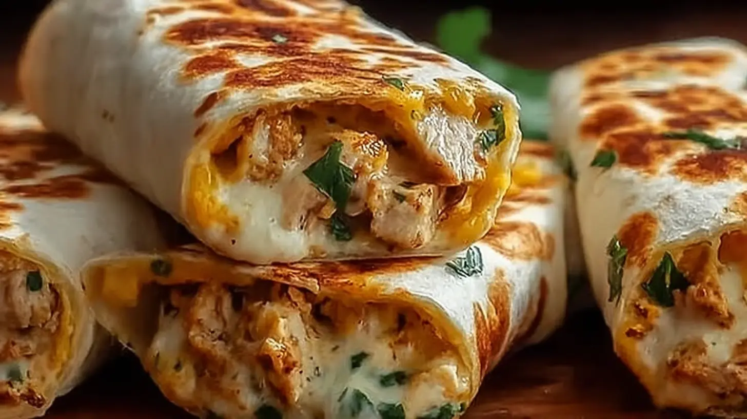 Close-up of golden-brown Ooey-Gooey Cheesy Garlic Chicken Wraps, one cut in half revealing melted cheese and chicken.