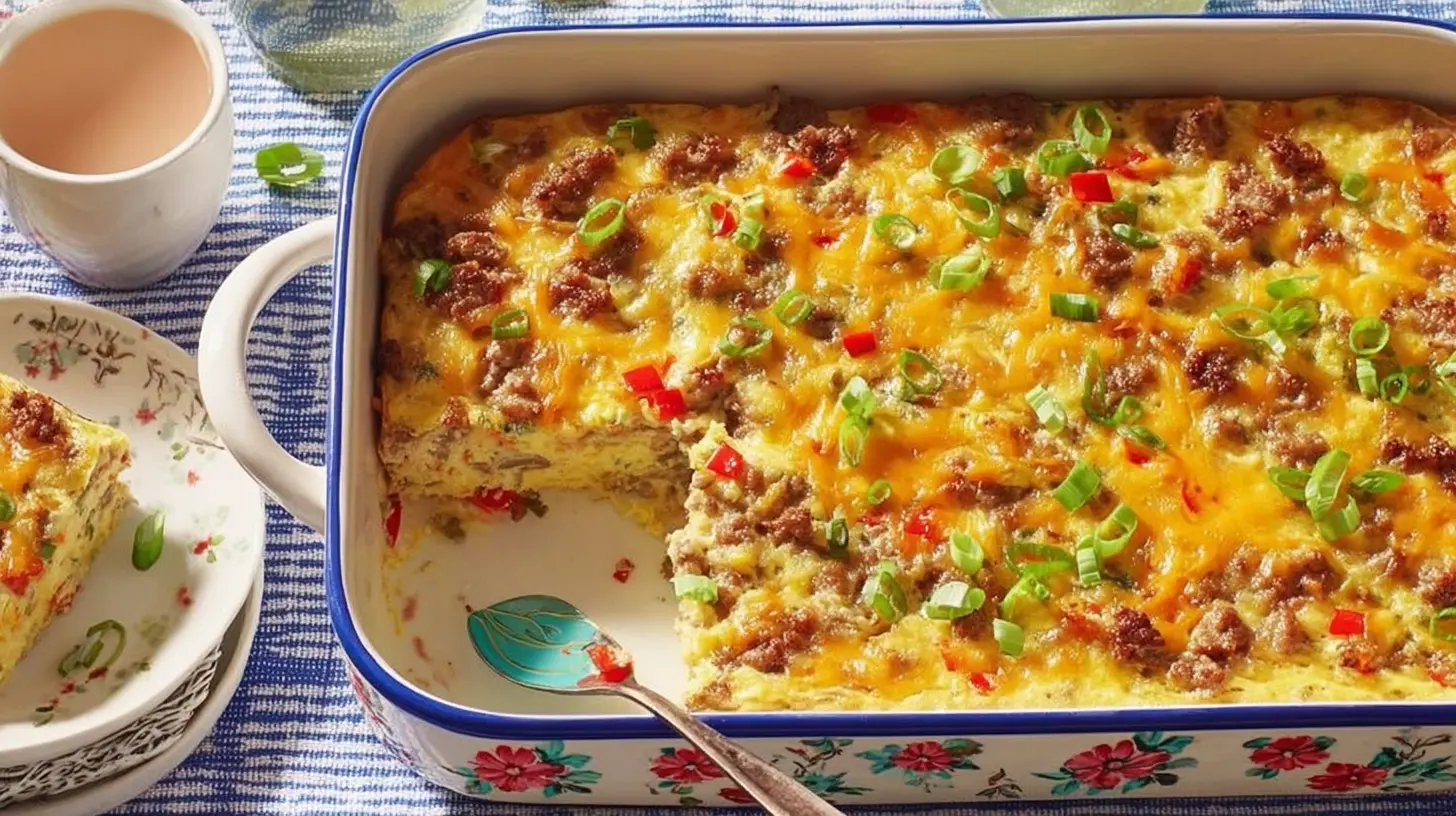 A golden, cheesy Pioneer Woman Breakfast Casserole Recipe with sausage and vegetables, served in a decorative floral baking dish.
