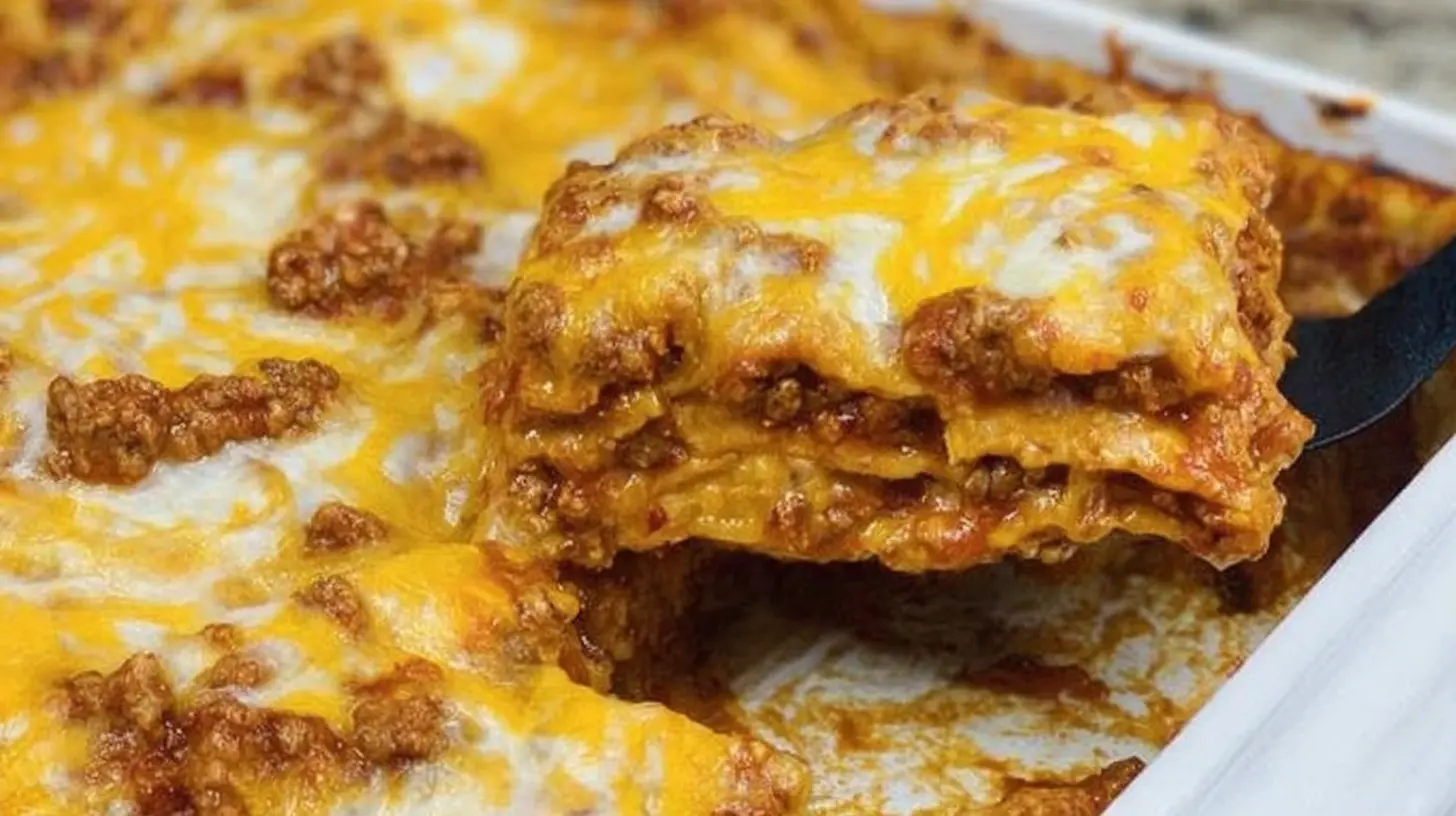 Close-up of a generous slice of Rich and Creamy Million Dollar Lasagna being served from a white baking dish, showcasing its gooey melted cheese and hearty layers of meat sauce and pasta.
