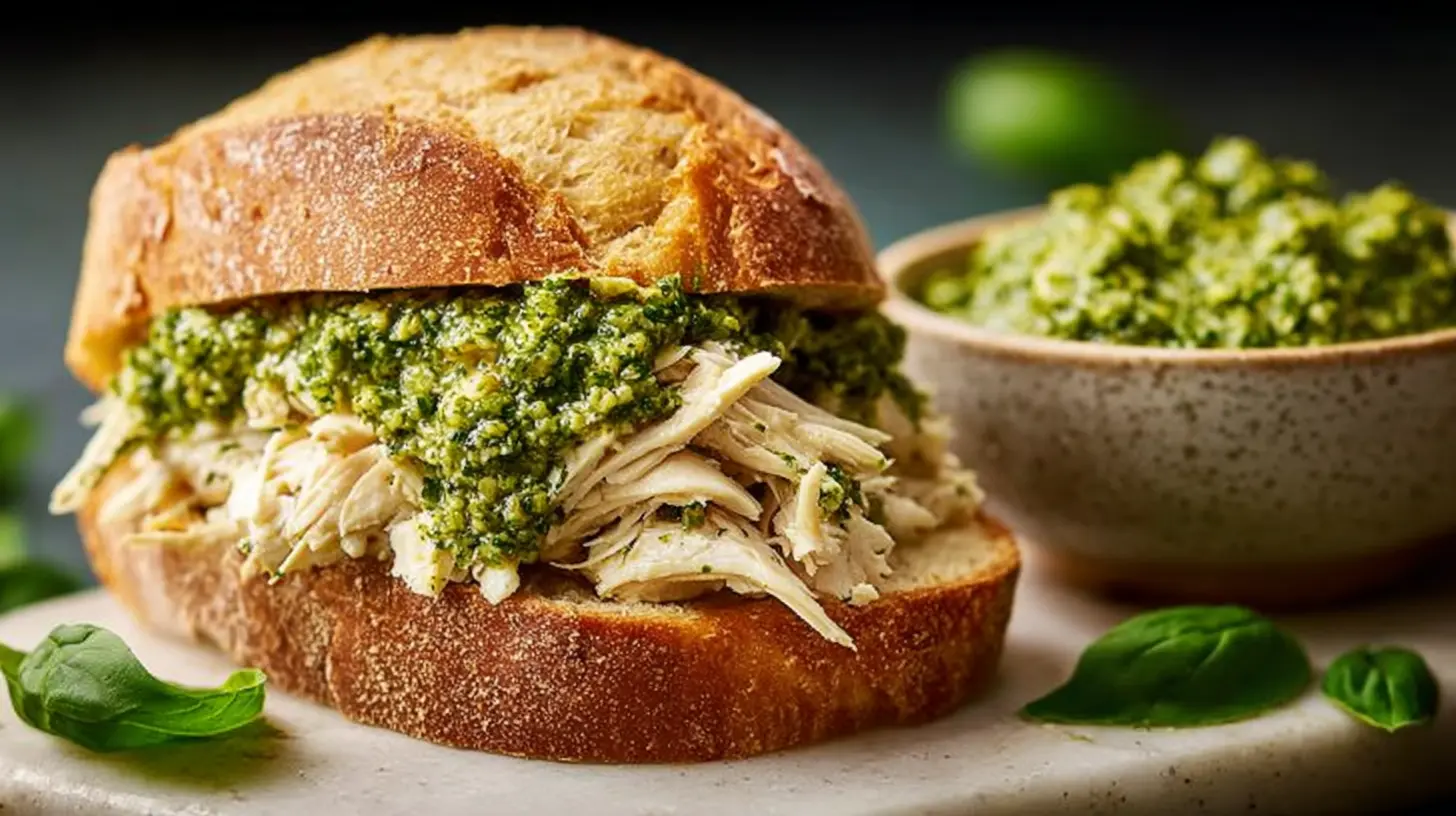 Savory Pesto Chicken Delight Sandwich: Quick & Creamy Recipe Savory Pesto Chicken Delight Sandwich Close-up of a gourmet Savory Pesto Chicken Delight Sandwich with shredded chicken and vibrant pesto on rustic artisan bread, ready to enjoy.