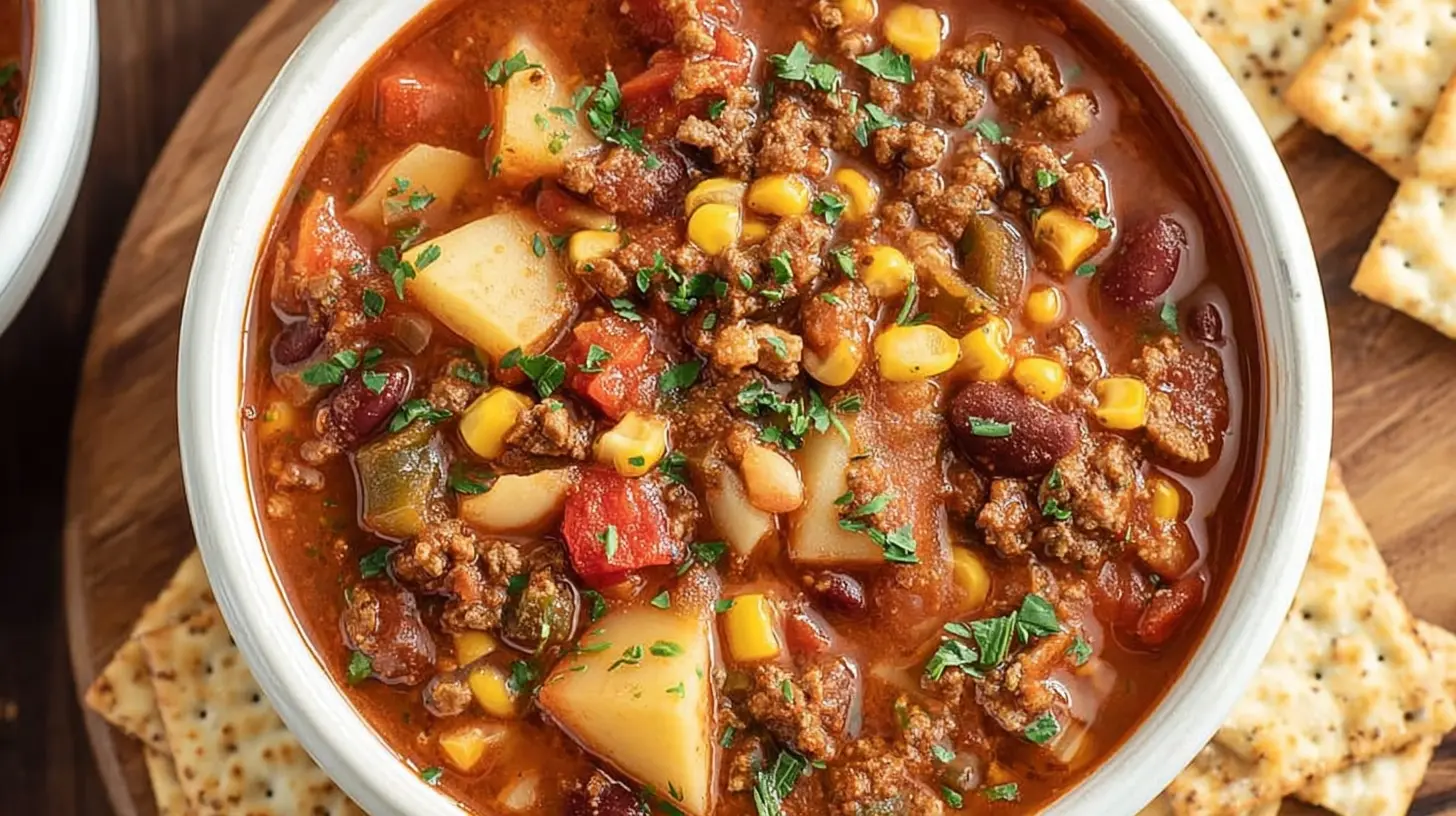 Hearty Cowboy Soup Recipe: Easy One-Pot Comfort Food Cowboy Soup A hearty bowl of rich Cowboy Soup, packed with meat, potatoes, corn, and beans, garnished with fresh herbs on a rustic wooden table.