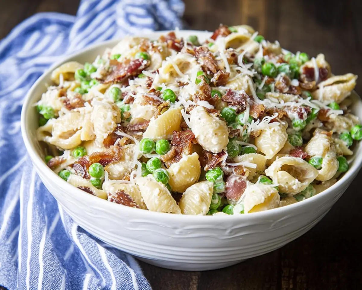 A delectable close-up of a bowl of creamy pasta salad featuring shell noodles, green peas, crispy bacon, and grated cheese on a dark wooden surface.