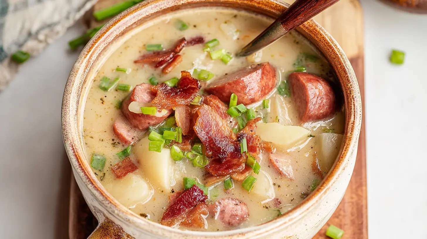 Overhead view of a hearty bowl of Creamy Sausage Potato Soup, garnished with fresh green onions and crispy bacon.